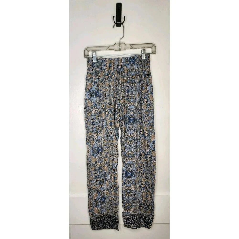 Free People Size XS Blue Mandala Paisley Linen Blend Pants Stretch